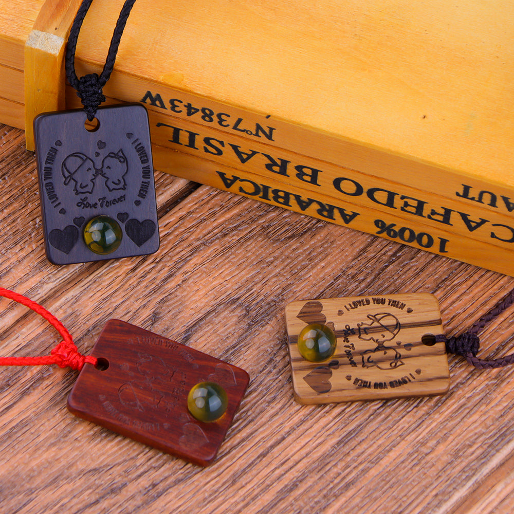 Natural Sandalwood Inlaid Blue Amber Pendant Square Custom Laser Engraved Personalized Gift Necklace 40x30mm