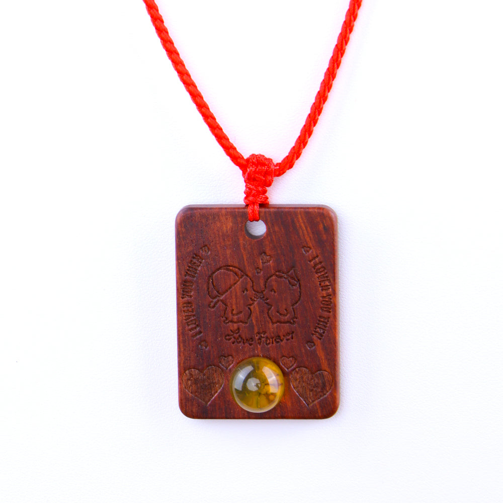 Natural Sandalwood Inlaid Blue Amber Pendant Square Custom Laser Engraved Personalized Gift Necklace 40x30mm