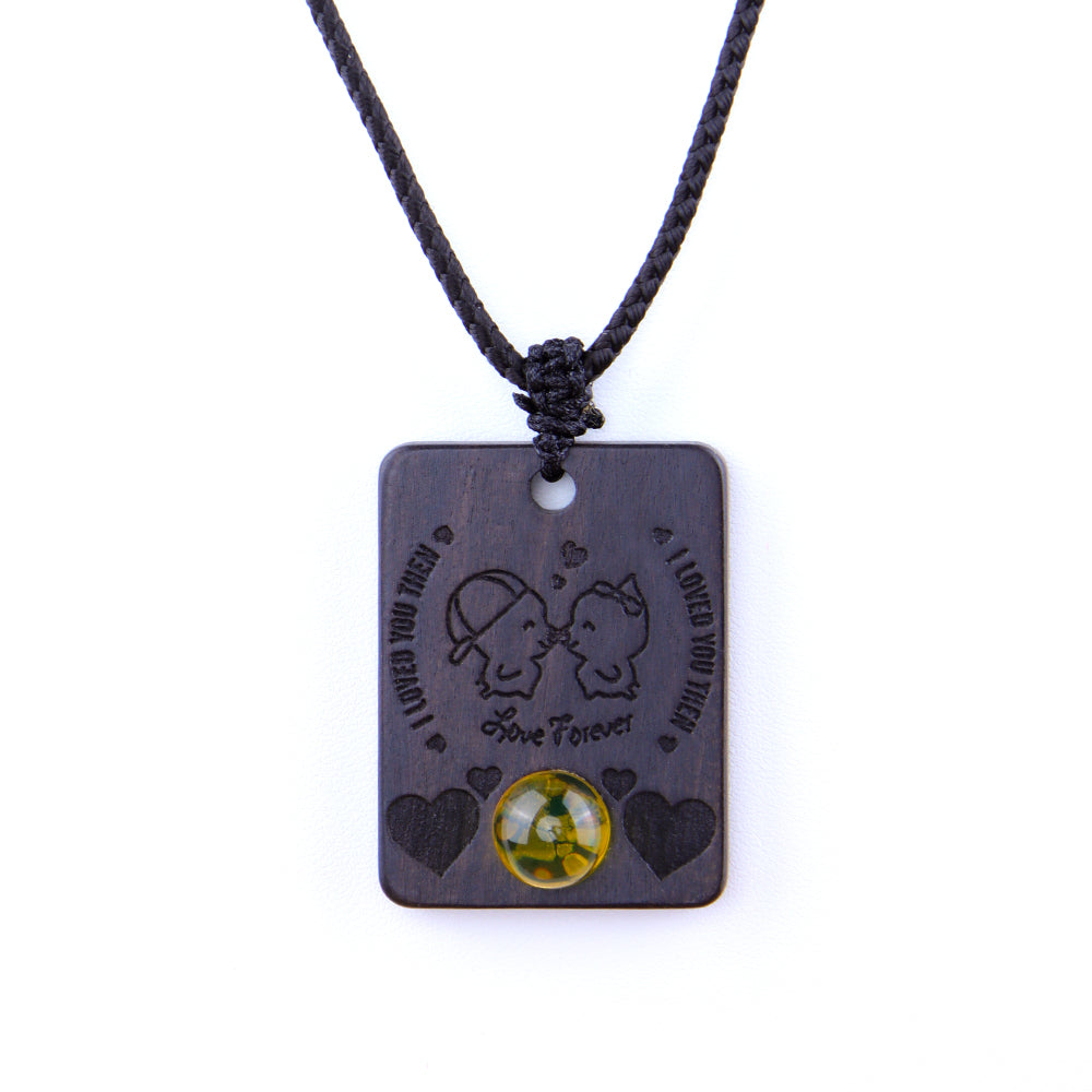 Natural Sandalwood Inlaid Blue Amber Pendant Square Custom Laser Engraved Personalized Gift Necklace 40x30mm