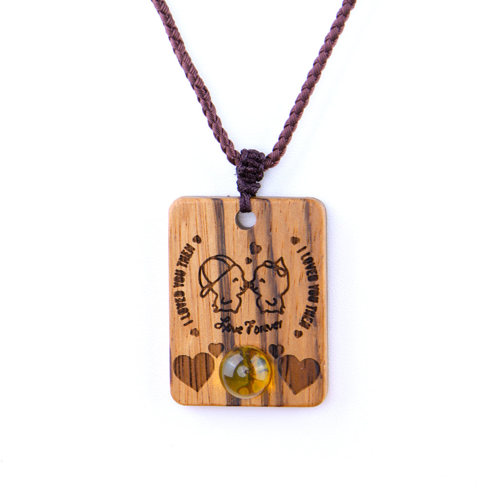 Natural Sandalwood Inlaid Blue Amber Pendant Square Custom Laser Engraved Personalized Gift Necklace 40x30mm