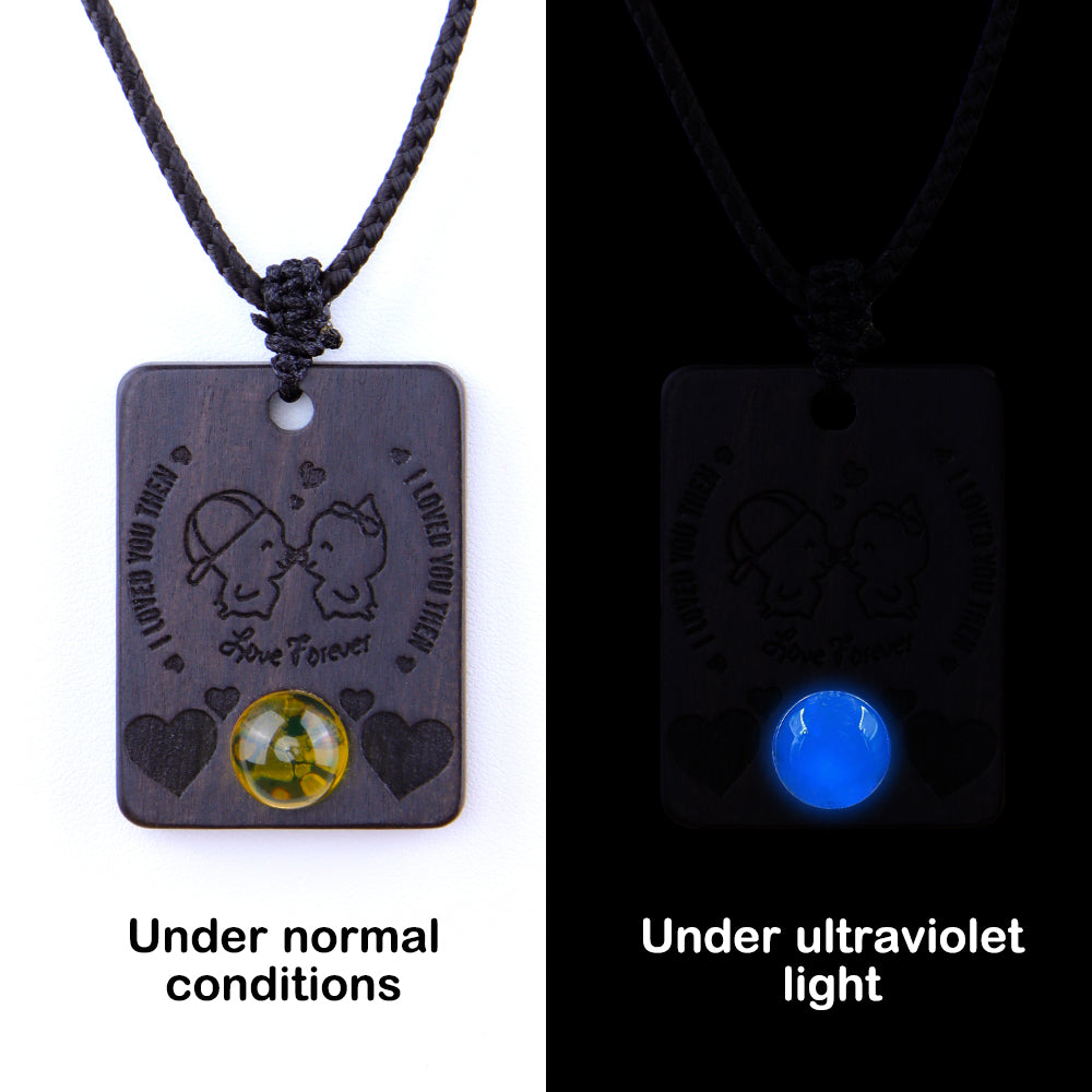 Natural Sandalwood Inlaid Blue Amber Pendant Square Custom Laser Engraved Personalized Gift Necklace 40x30mm