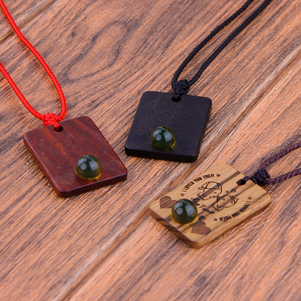 Natural Sandalwood Inlaid Blue Amber Pendant Square Custom Laser Engraved Personalized Gift Necklace 40x30mm