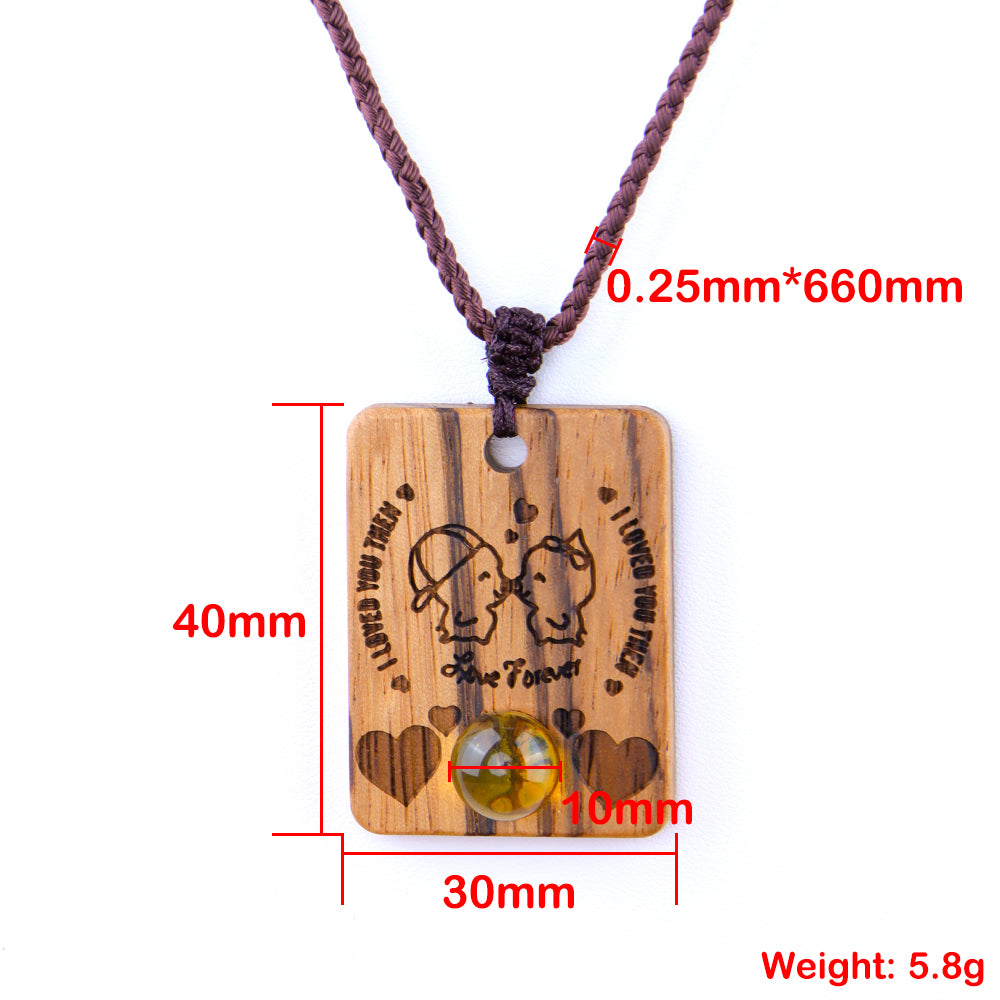 Natural Sandalwood Inlaid Blue Amber Pendant Square Custom Laser Engraved Personalized Gift Necklace 40x30mm