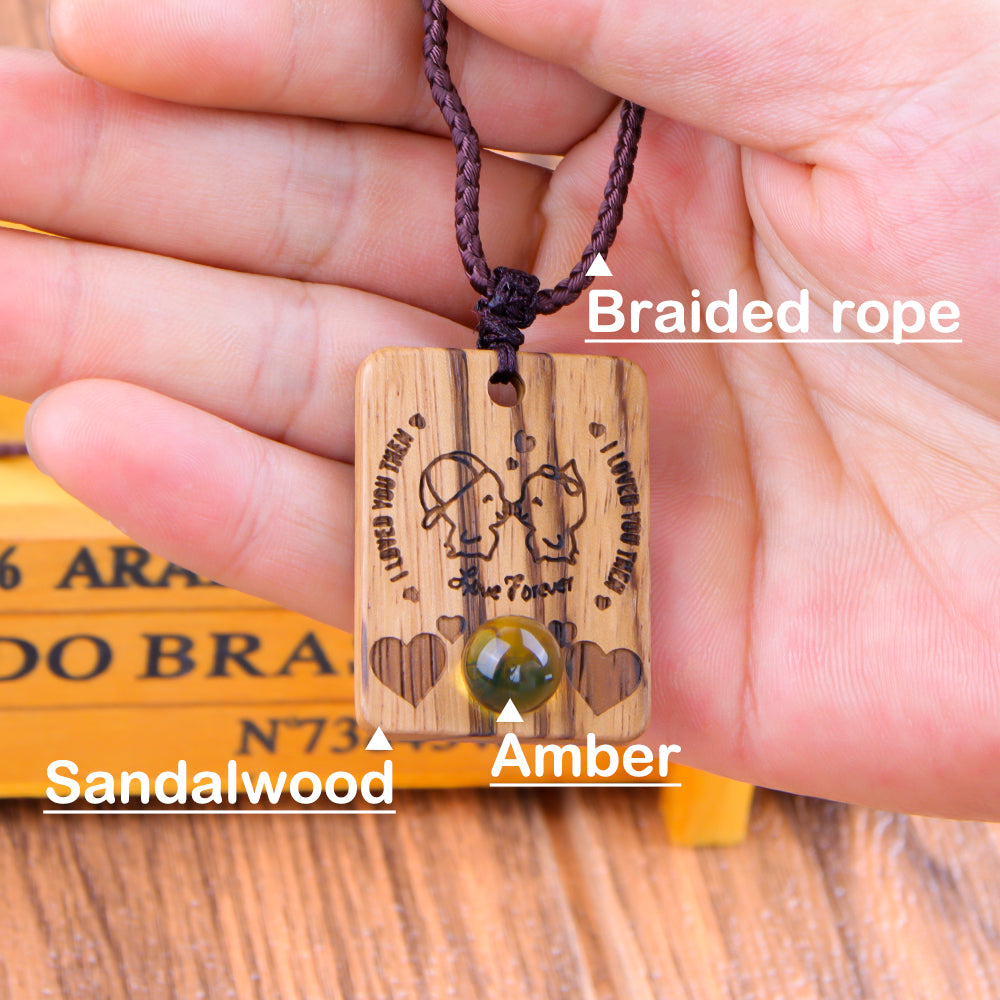 Natural Sandalwood Inlaid Blue Amber Pendant Square Custom Laser Engraved Personalized Gift Necklace 40x30mm