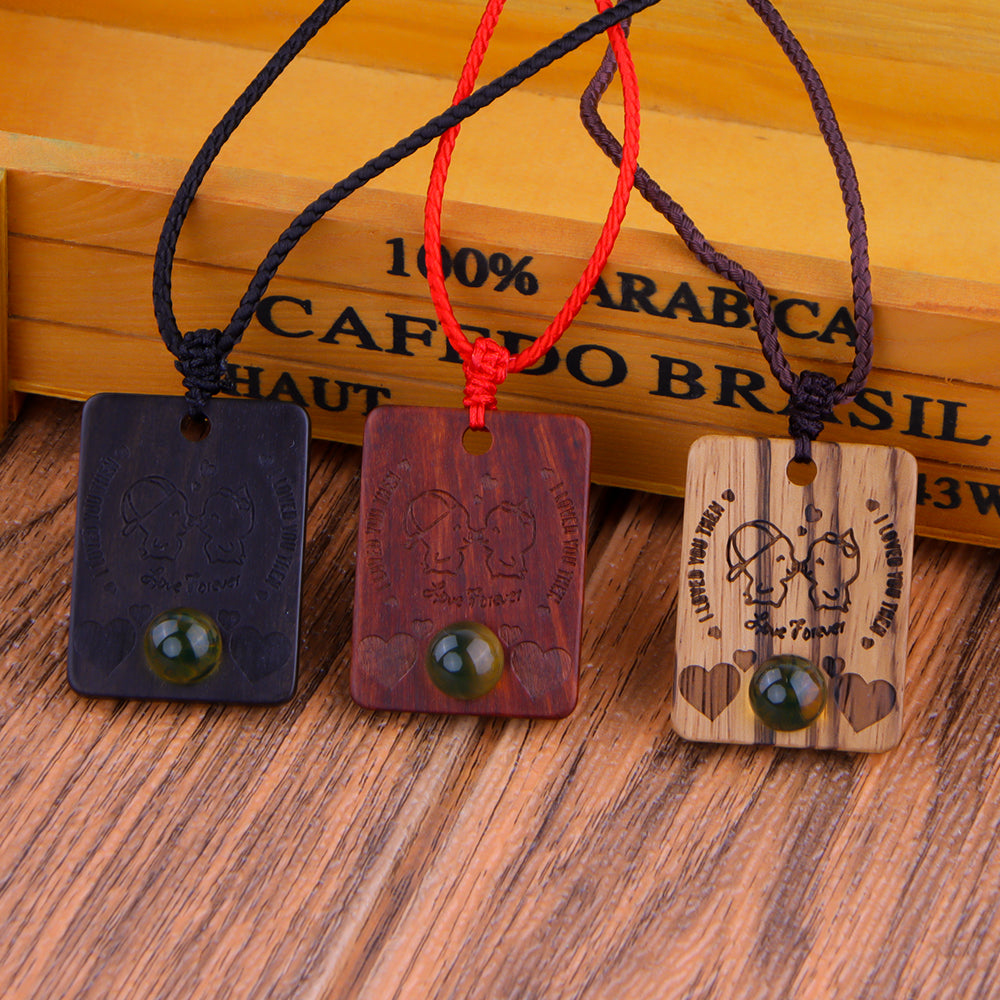 Natural Sandalwood Inlaid Blue Amber Pendant Square Custom Laser Engraved Personalized Gift Necklace 40x30mm