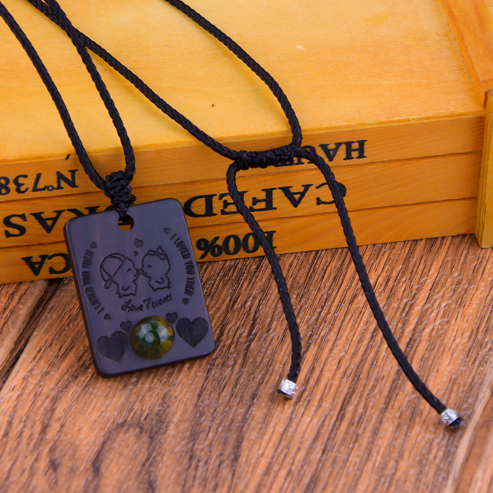Natural Sandalwood Inlaid Blue Amber Pendant Square Custom Laser Engraved Personalized Gift Necklace 40x30mm