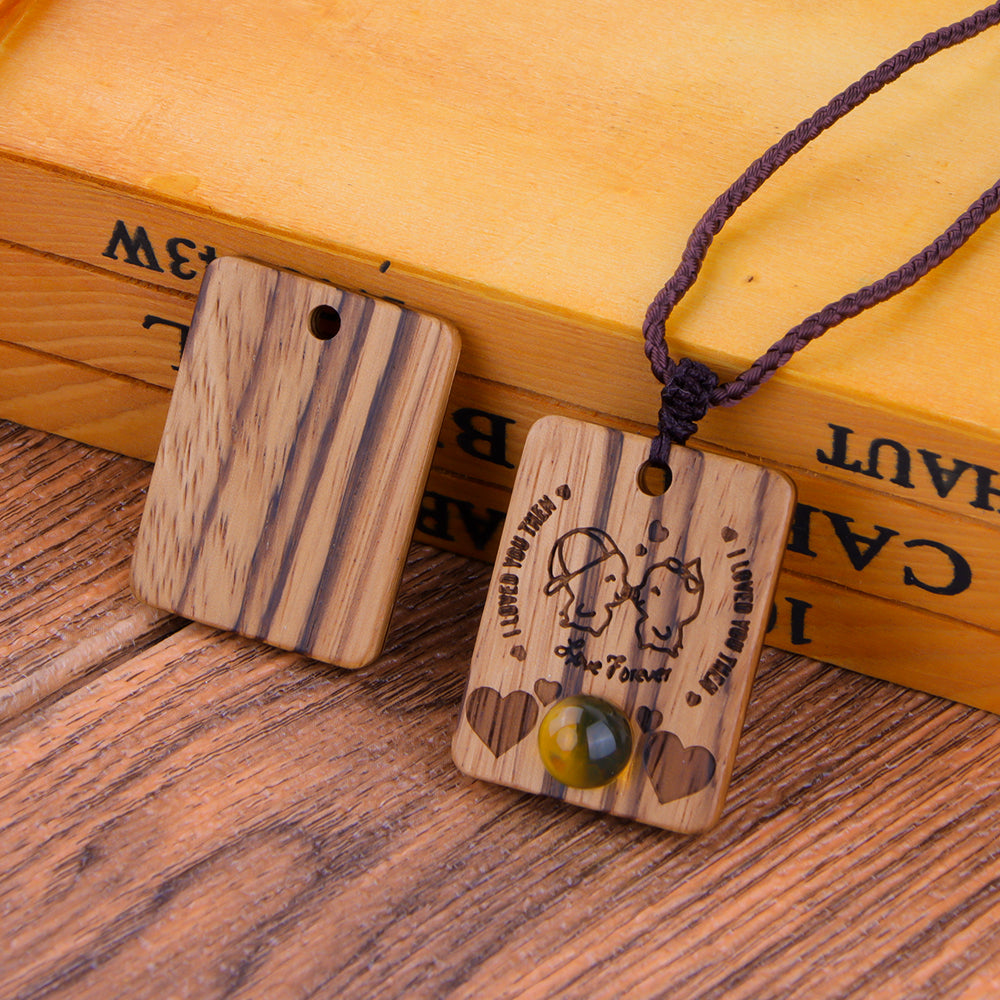 Natural Sandalwood Inlaid Blue Amber Pendant Square Custom Laser Engraved Personalized Gift Necklace 40x30mm