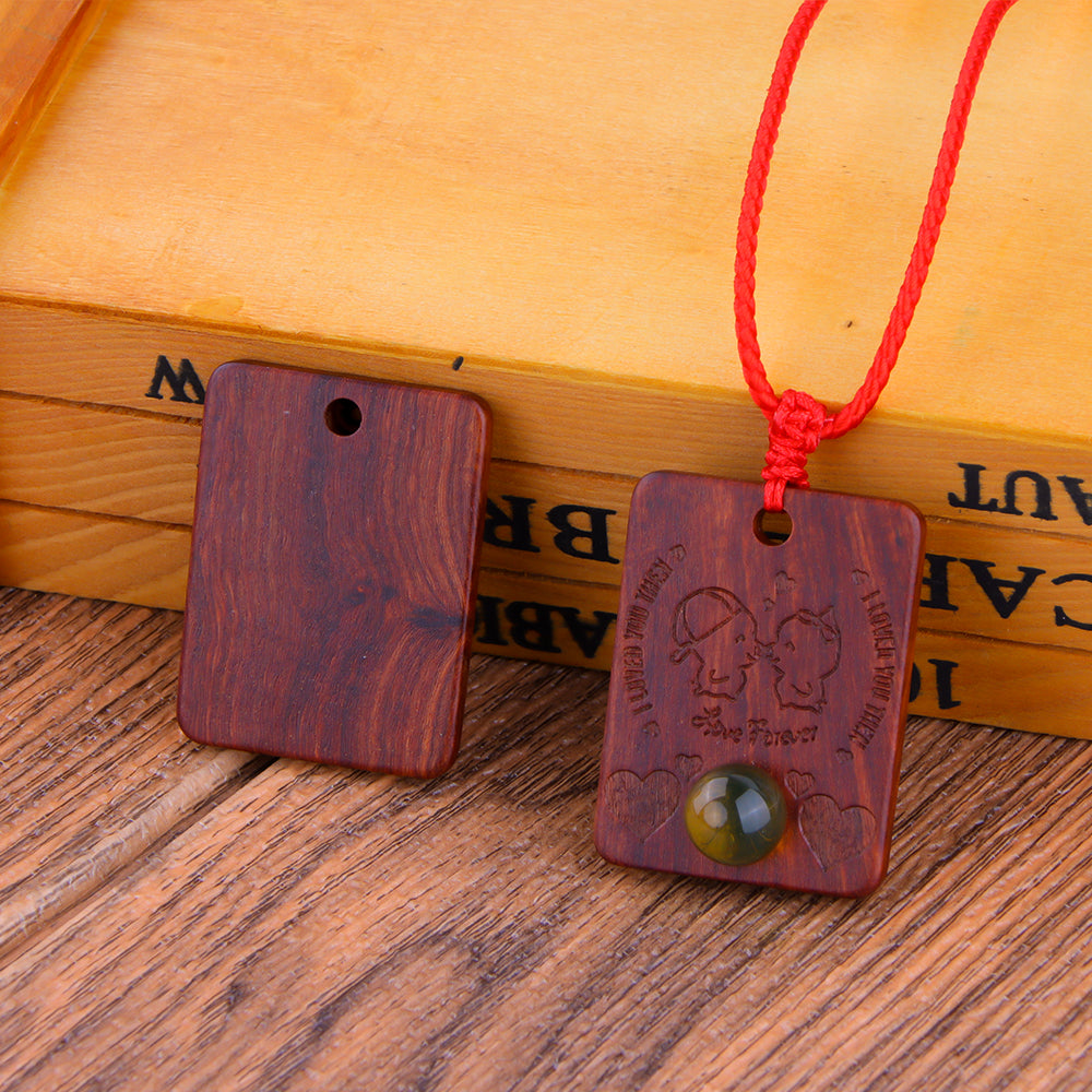 Natural Sandalwood Inlaid Blue Amber Pendant Square Custom Laser Engraved Personalized Gift Necklace 40x30mm
