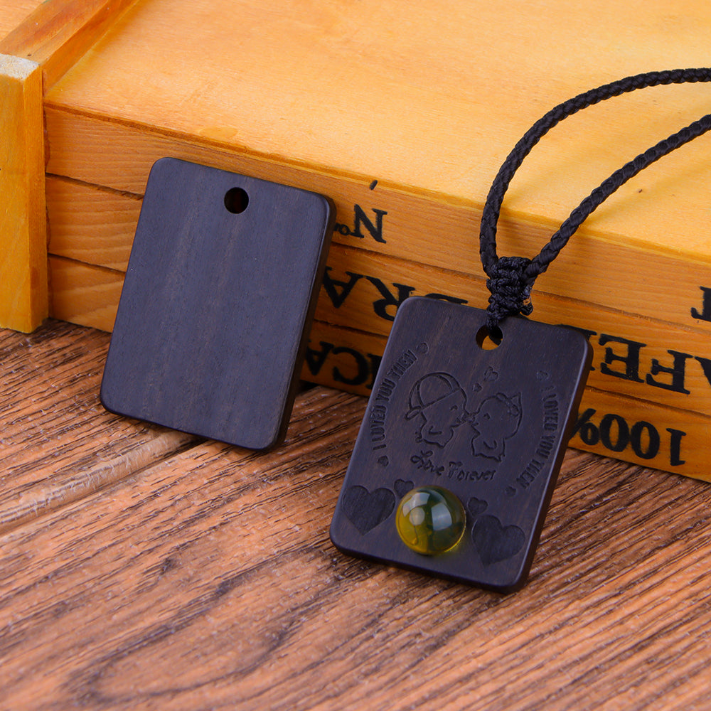 Natural Sandalwood Inlaid Blue Amber Pendant Square Custom Laser Engraved Personalized Gift Necklace 40x30mm