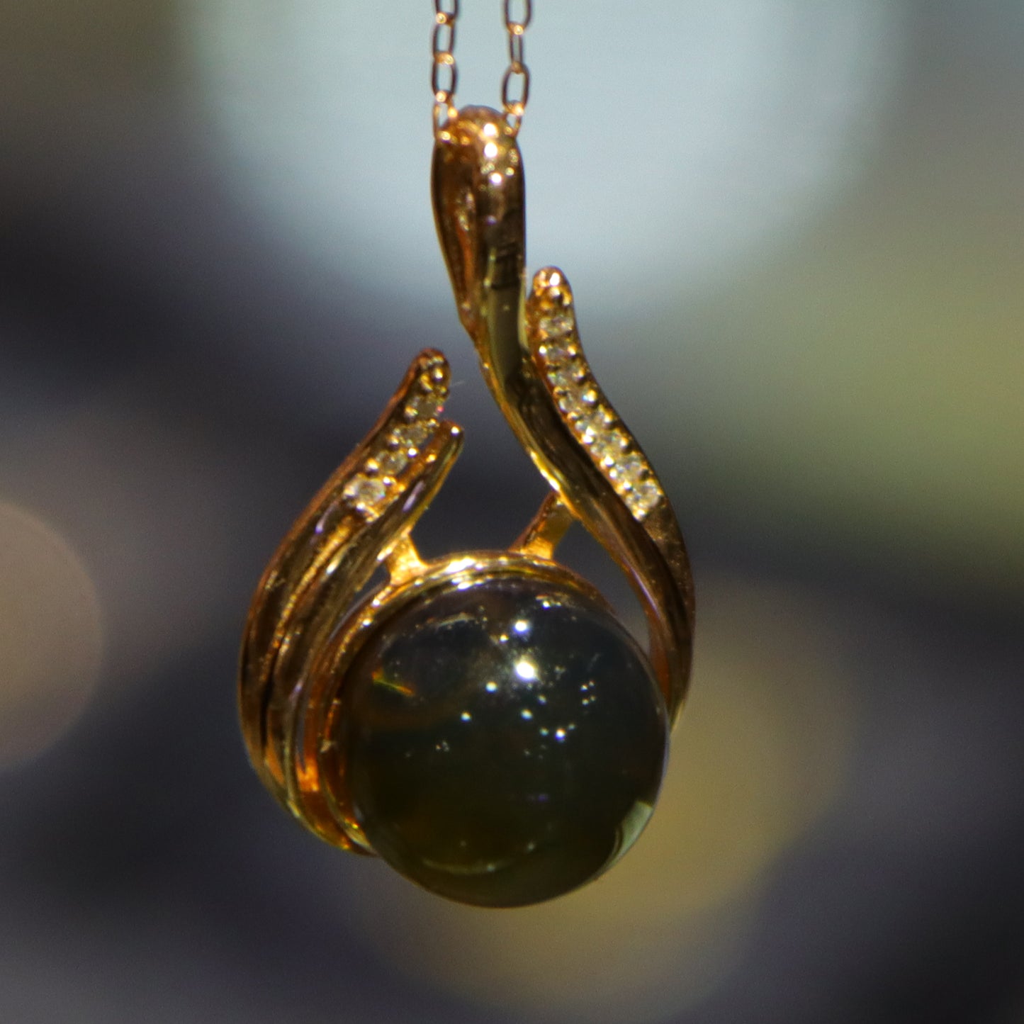 10mm Golden Blue Amber Pendant Necklace for Women, Gold Plated Adjustable Chain, Meaningful Gift for Her