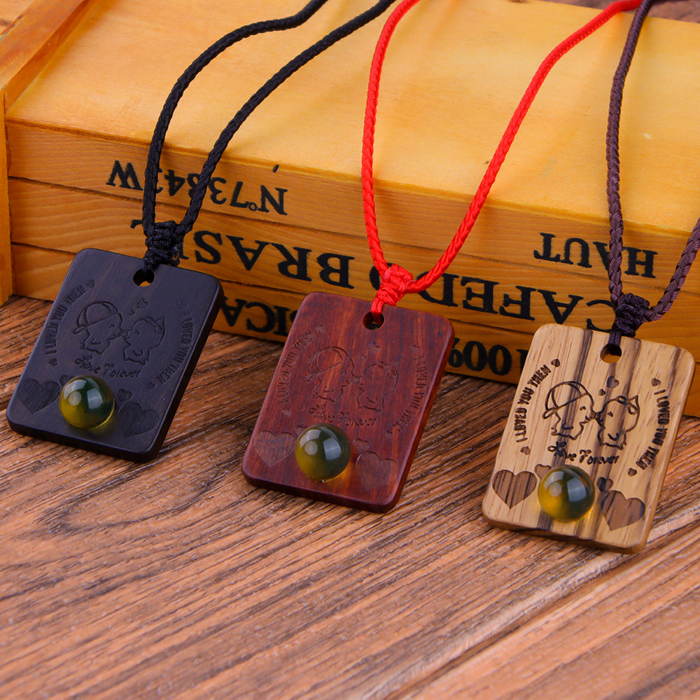 Natural Sandalwood Inlaid Blue Amber Pendant Square Custom Laser Engraved Personalized Gift Necklace 40x30mm