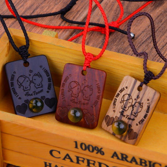 Natural Sandalwood Inlaid Blue Amber Pendant Square Custom Laser Engraved Personalized Gift Necklace 40x30mm
