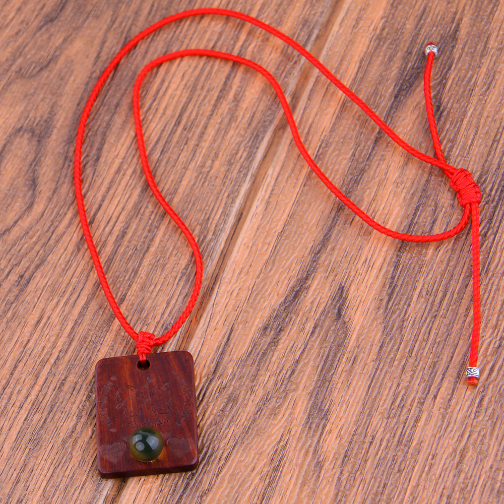 Natural Sandalwood Inlaid Blue Amber Pendant Square Custom Laser Engraved Personalized Gift Necklace 40x30mm